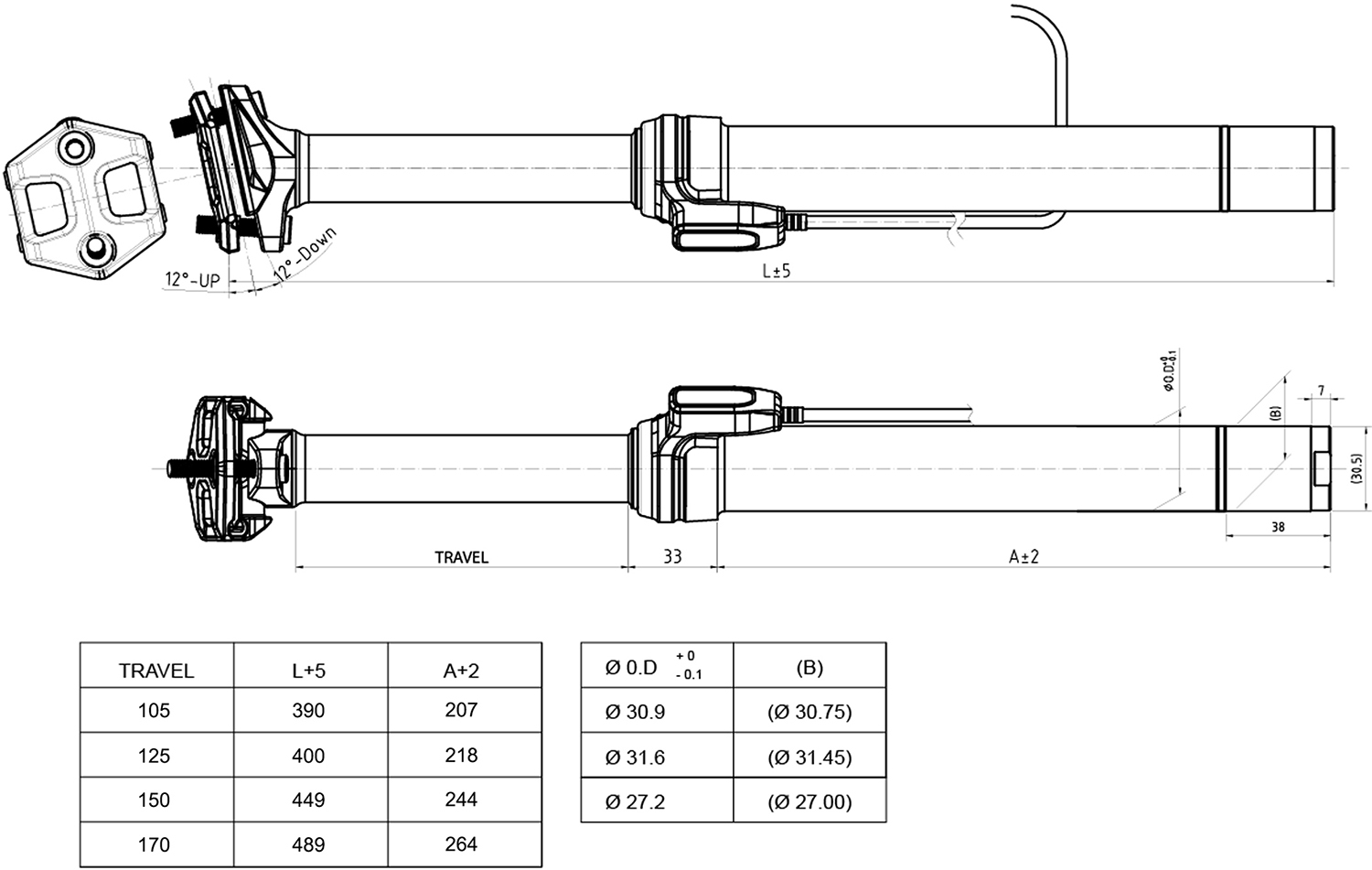 Ascend Dropper 125mm Dropper Post Flight Dropper Seatpost 125mm