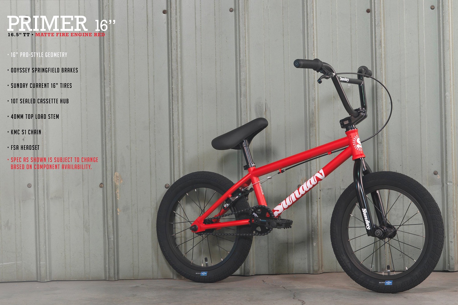 Sunday 2022 Primer 16 Complete BMX Matte Fire Engine Red SkateHut