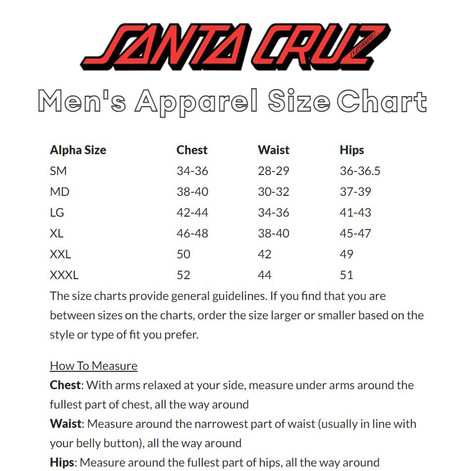 Santa cruz hoodie size chart hotsell
