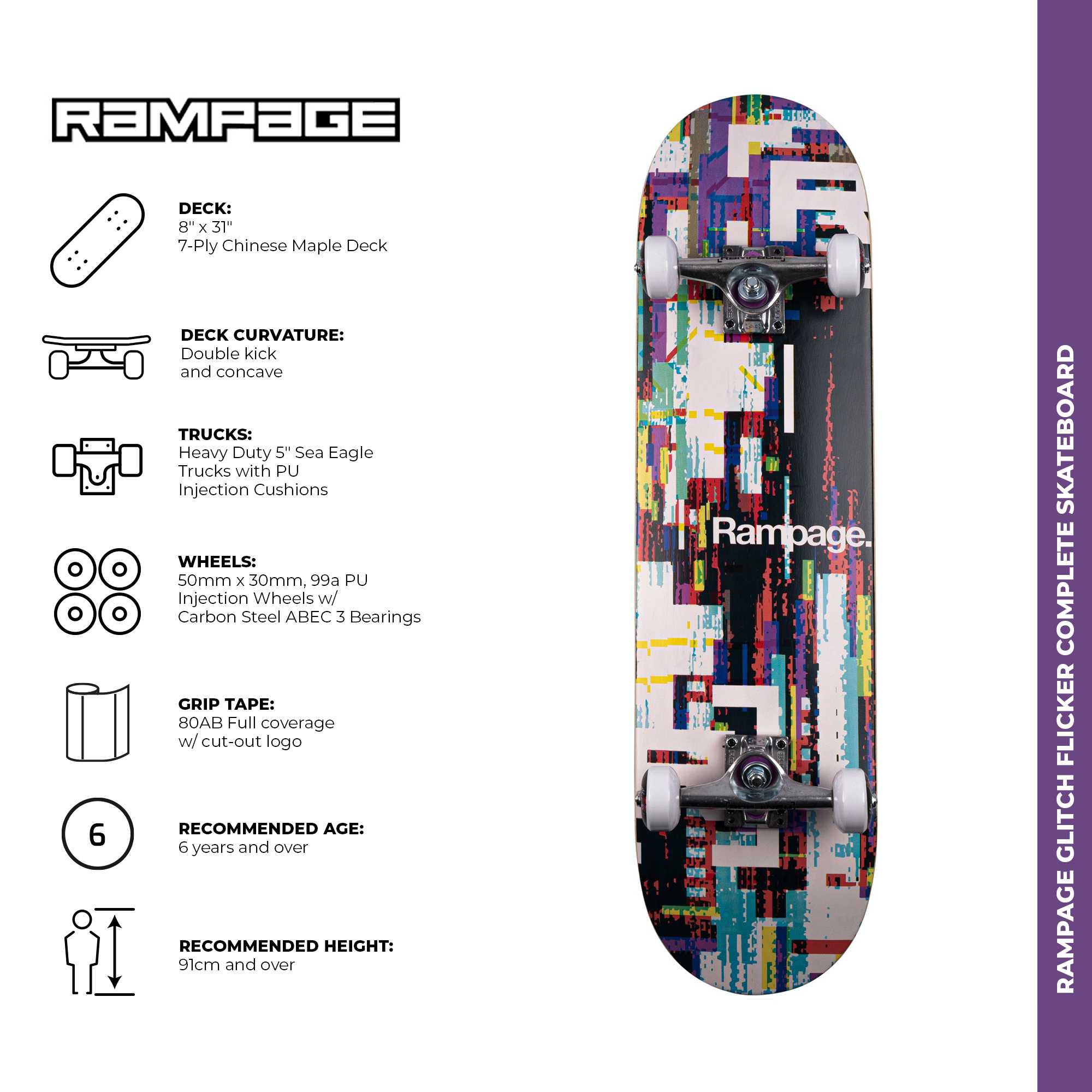 Rampage Glitch Flicker Complete Skateboard - Multi 8'' | SkateHut