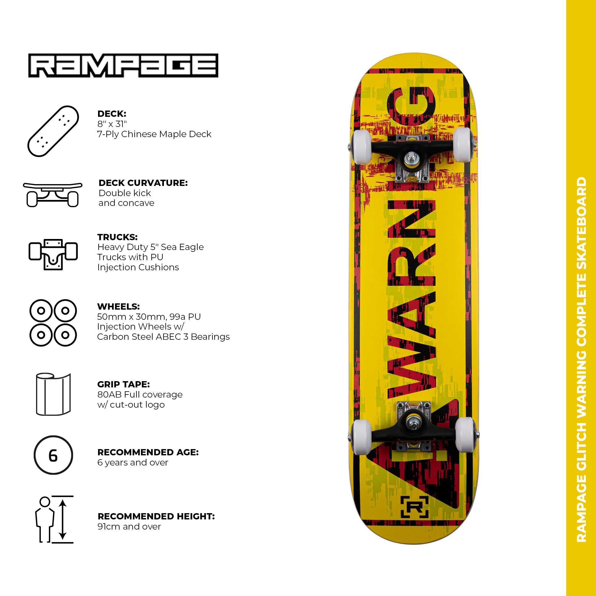 Rampage Glitch Warning Complete Skateboard - Yellow 8'' | SkateHut